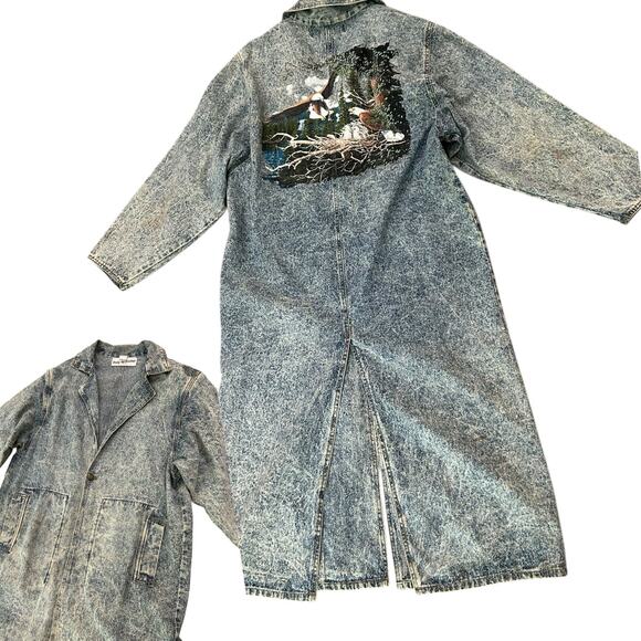 Vintage 80s Acid Wash Denim Duster Coat with Bald Eagle Graphics / Medium - - Picture 1 of 6